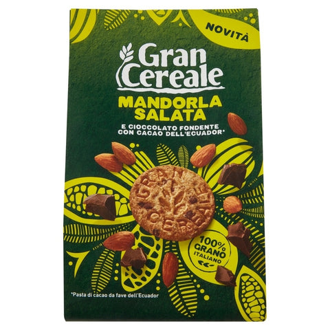 Mulino bianco Gran Cereale Biscotti con Mandorla Salata Biscuits with Salted Almond and Dark Chocolate with Broad Beans from Ecuador 280g