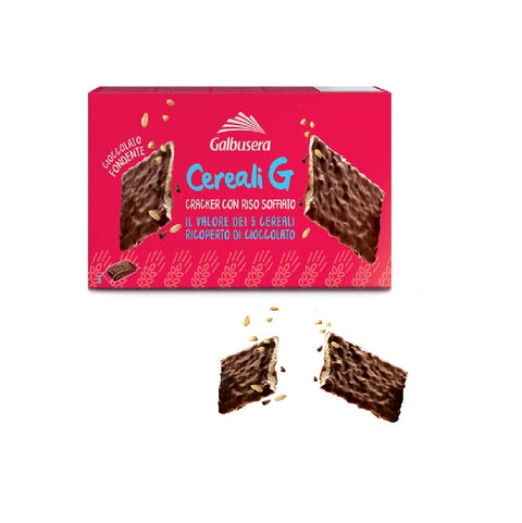 Galbusera Cereali G cracker con riso soffiato ricoperti di cioccolato fondente crackers with puffed rice covered in dark chocolate 150g