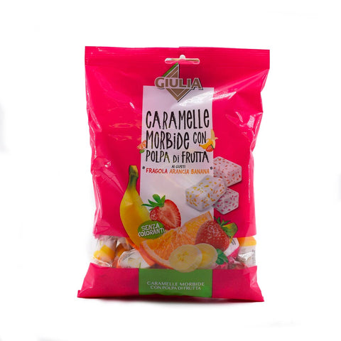 La Giulia Caramelle Morbide con Polpa di Frutta Soft candies with fruit pulp flavored with strawberry, orange and banana 150g