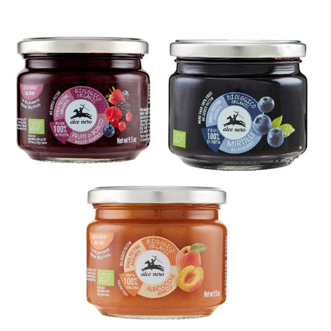 Alce Nero Jam Testpak Alce Nero Composta Albicocche, Mirtilli e Frutti di bosco biologica Compote Apricots, Blueberries and Organic Berries 3x270g 8009004500013