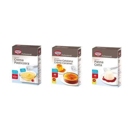 TEST PACKAGE Cameo Professional Preparato per Dolci Panna Cotta 520g - Crema Pasticcera 600g - Crème Caramel 560g prepared for desserts 3 pieces - Italian Gourmet UK