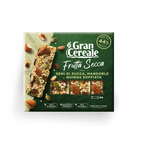 Mulino Bianco Cereal Bars Gran Cereale Barrette con Frutta Secca Semi di Zucca e Quinoa Soffiata Bars with Nuts Pumpkin Seeds and Puffed Quinoa 120g (4x30g)