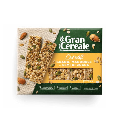 Mulino Bianco Cereal Bars Gran Cereale, Snack Barrette di Cereali con Grano, Mandorle e Semi di Zucca Snack Cereal Bars with Wheat, Almonds and Pumpkin Seeds 135g (5 x 27g)